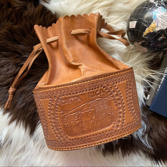 Handbags - VINTAGE 1960’s Handmade Leather “Costa Rica” Stamped Embossed Cinch Bucket Bag